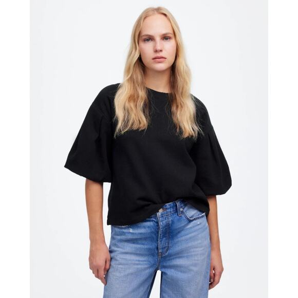Madewell Tops - Madewell Puff-Sleeve Sweatshirt Tee Sz M Black Cotton-Blend Fleece Crewneck Boxy